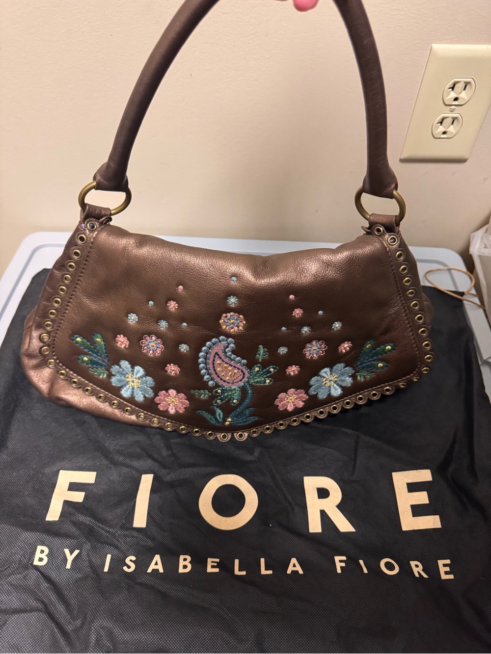 Isabella Fiore Brown Embroidered Floral Leather Shoulder Bag